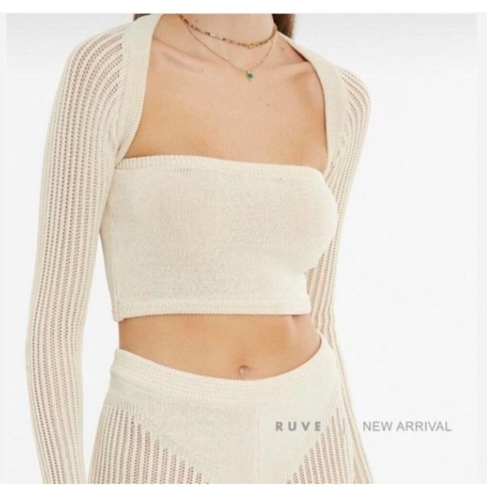RUVE Noa Shrug Sweater Womens Small Beige Knit Long Sleeve Open Front Cropped